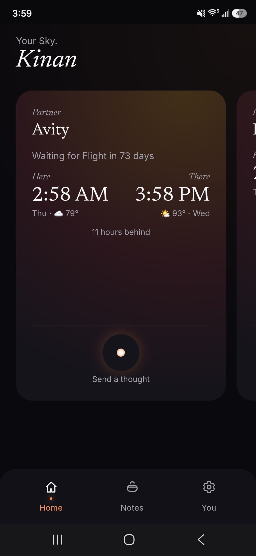 First Light dual dashboard showing both partners' local time and status