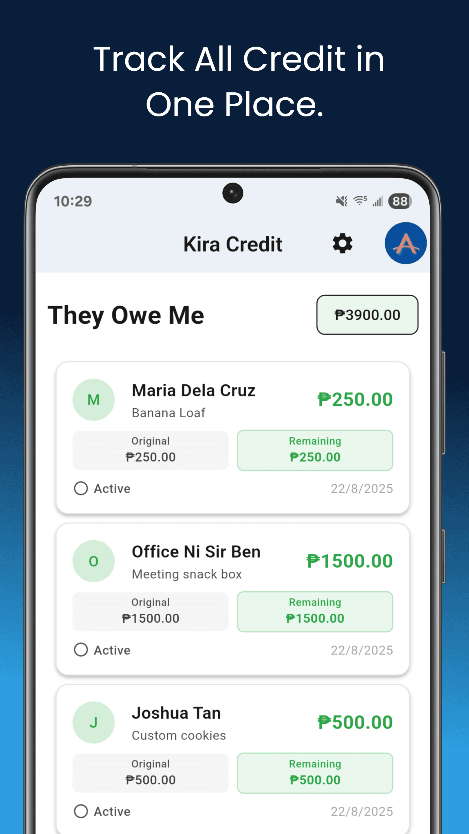 Kira Credit ledger entry screen for tracking debts and expenses
