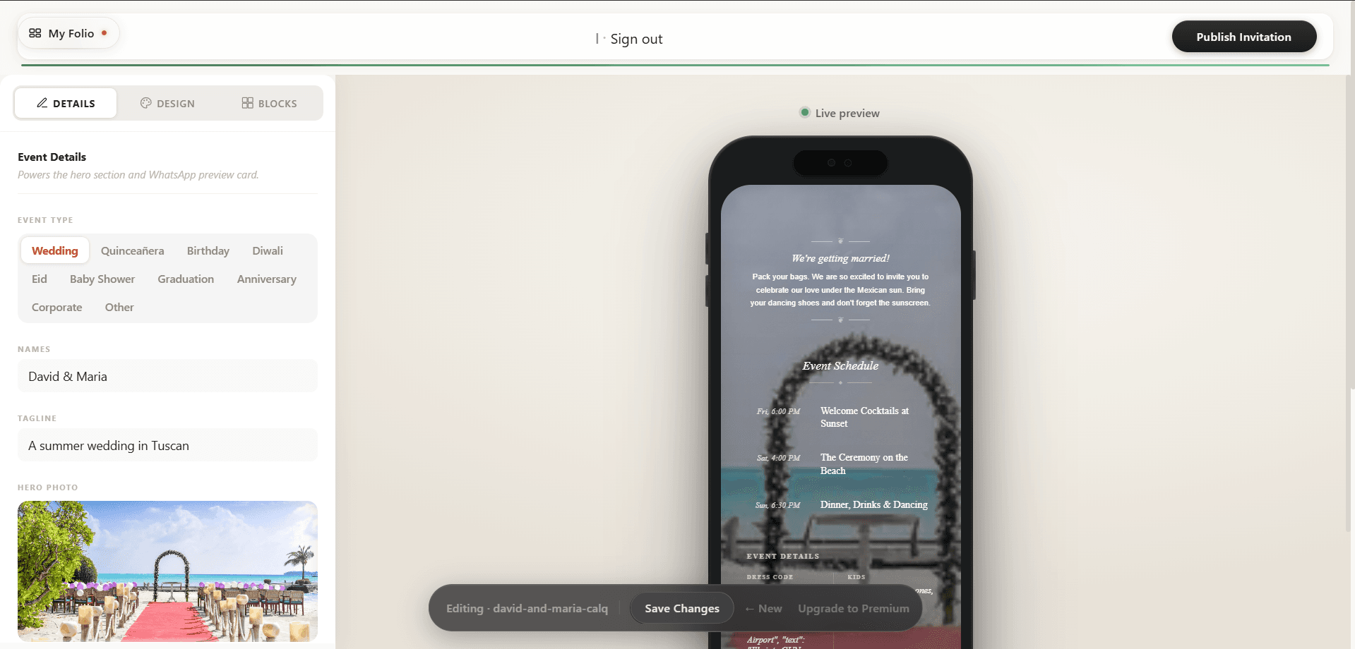 Lumi Invites anonymous builder flow for customizing an event page